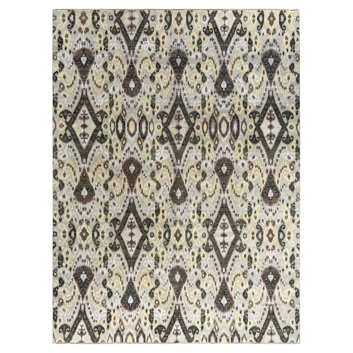 Traditional Ikat Hand Knotted Floral Silk & Wool Black Area Rug 9' 2" x 12' 3"