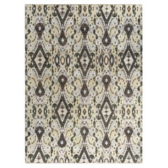 Traditional Ikat Hand Knotted Floral Silk & Wool Black Area Rug 9' 2" x 12' 3"