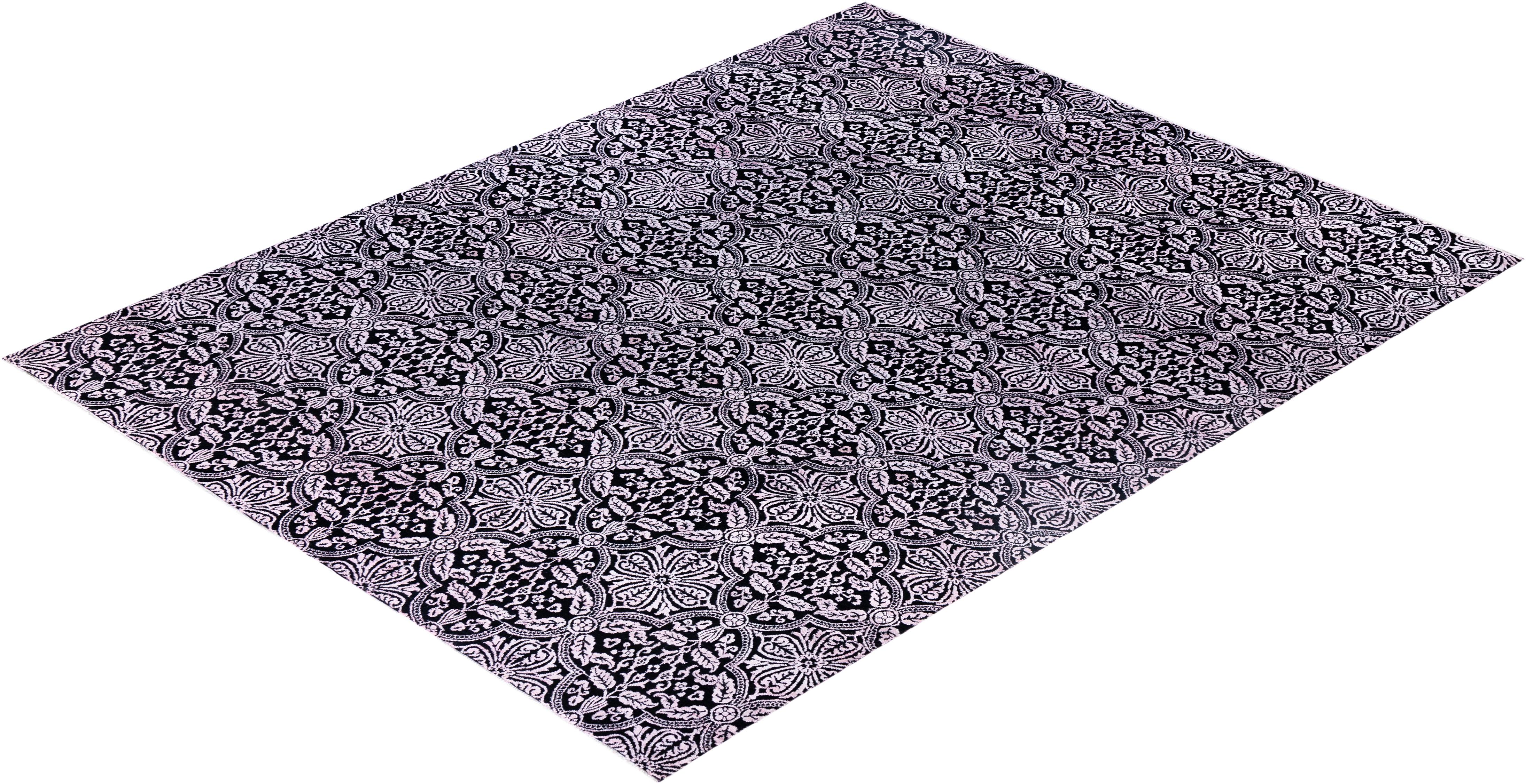 Traditioneller handgeknüpfter, geblümter Ikat-Teppich aus Seide und Wolle in Schwarz 9' 3