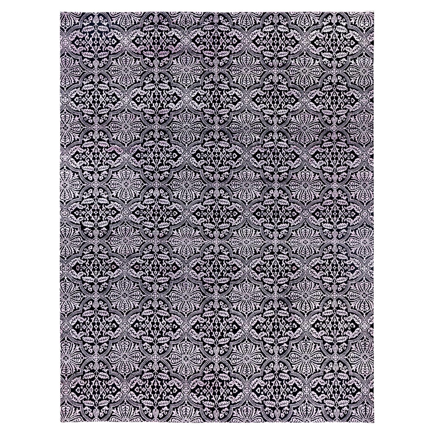 Traditional Ikat Hand Knotted Floral Silk & Wool Black Area Rug 9' 3" x 12' 1"