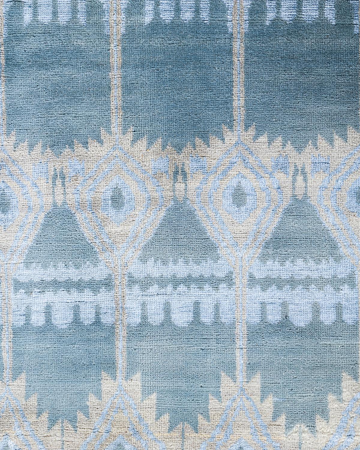 Indian Traditional Ikat Hand Knotted Floral Silk & Wool Blue Area Rug 8' 1
