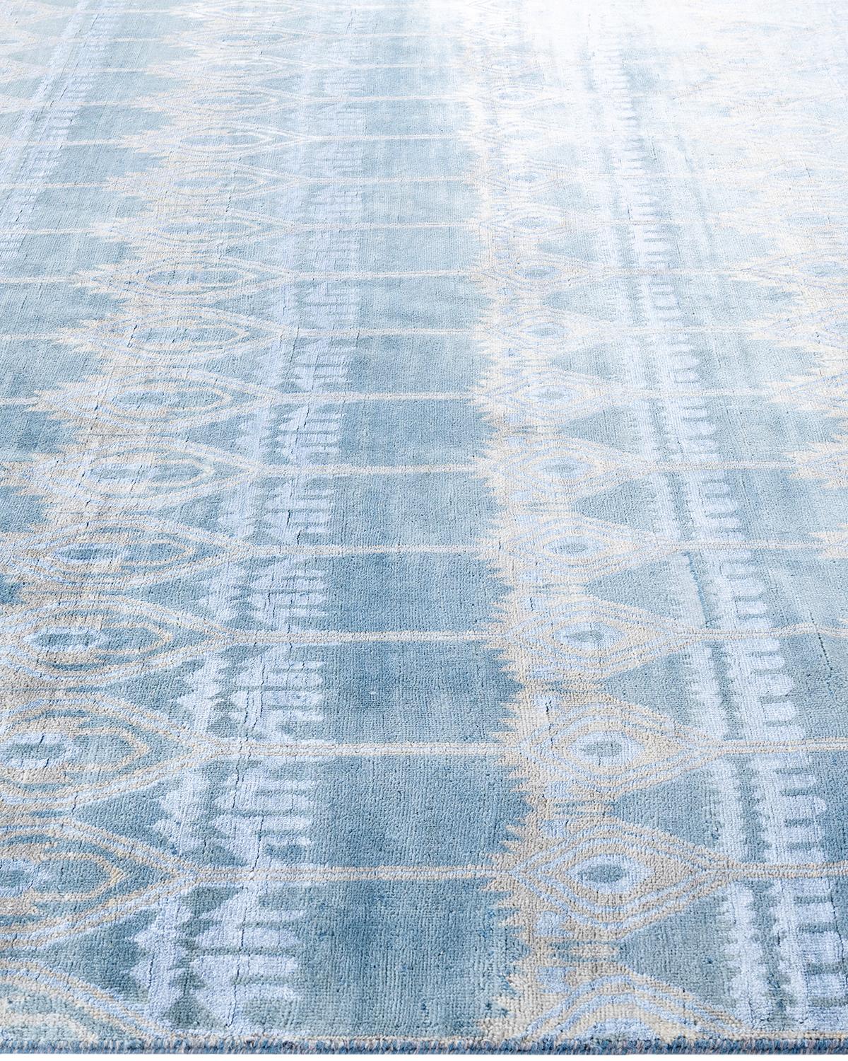 Hand-Knotted Traditional Ikat Hand Knotted Floral Silk & Wool Blue Area Rug 8' 1