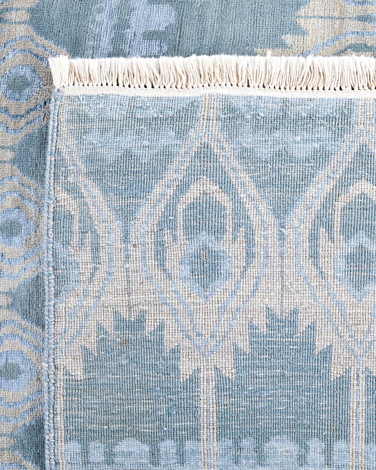 Traditional Ikat Hand Knotted Floral Silk & Wool Blue Area Rug 8' 1