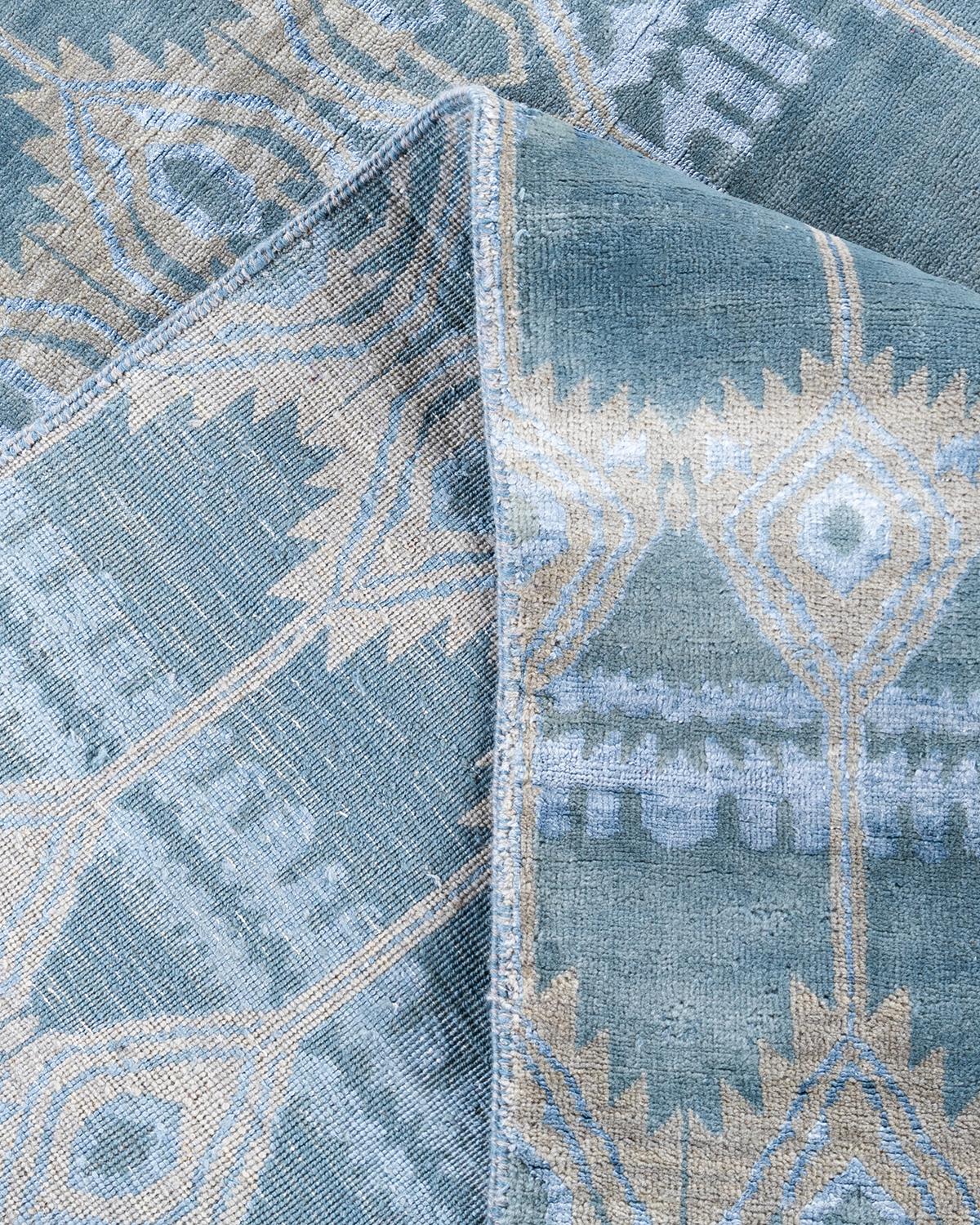 Contemporary Traditional Ikat Hand Knotted Floral Silk & Wool Blue Area Rug 8' 1