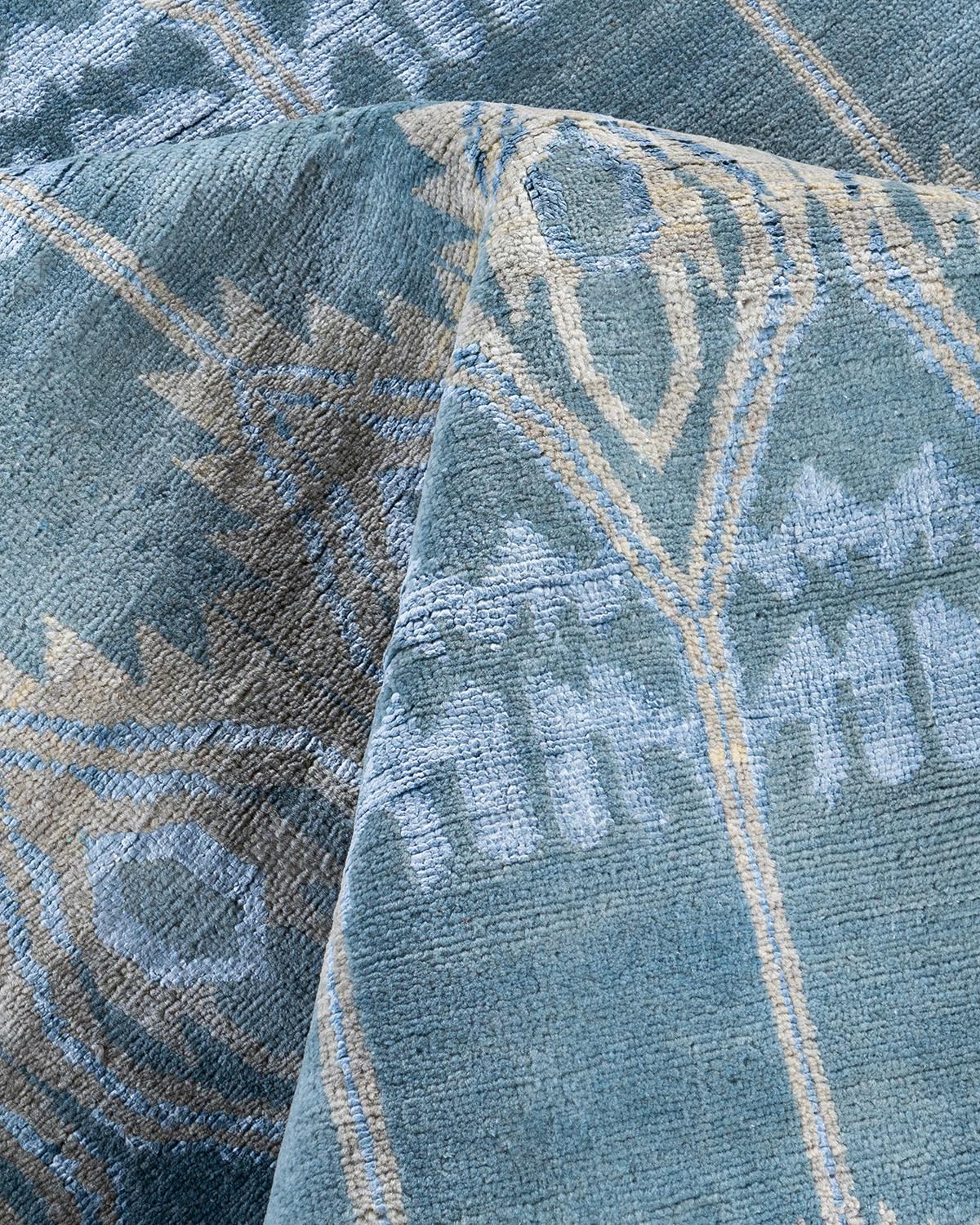 Traditional Ikat Hand Knotted Floral Silk & Wool Blue Area Rug 8' 1