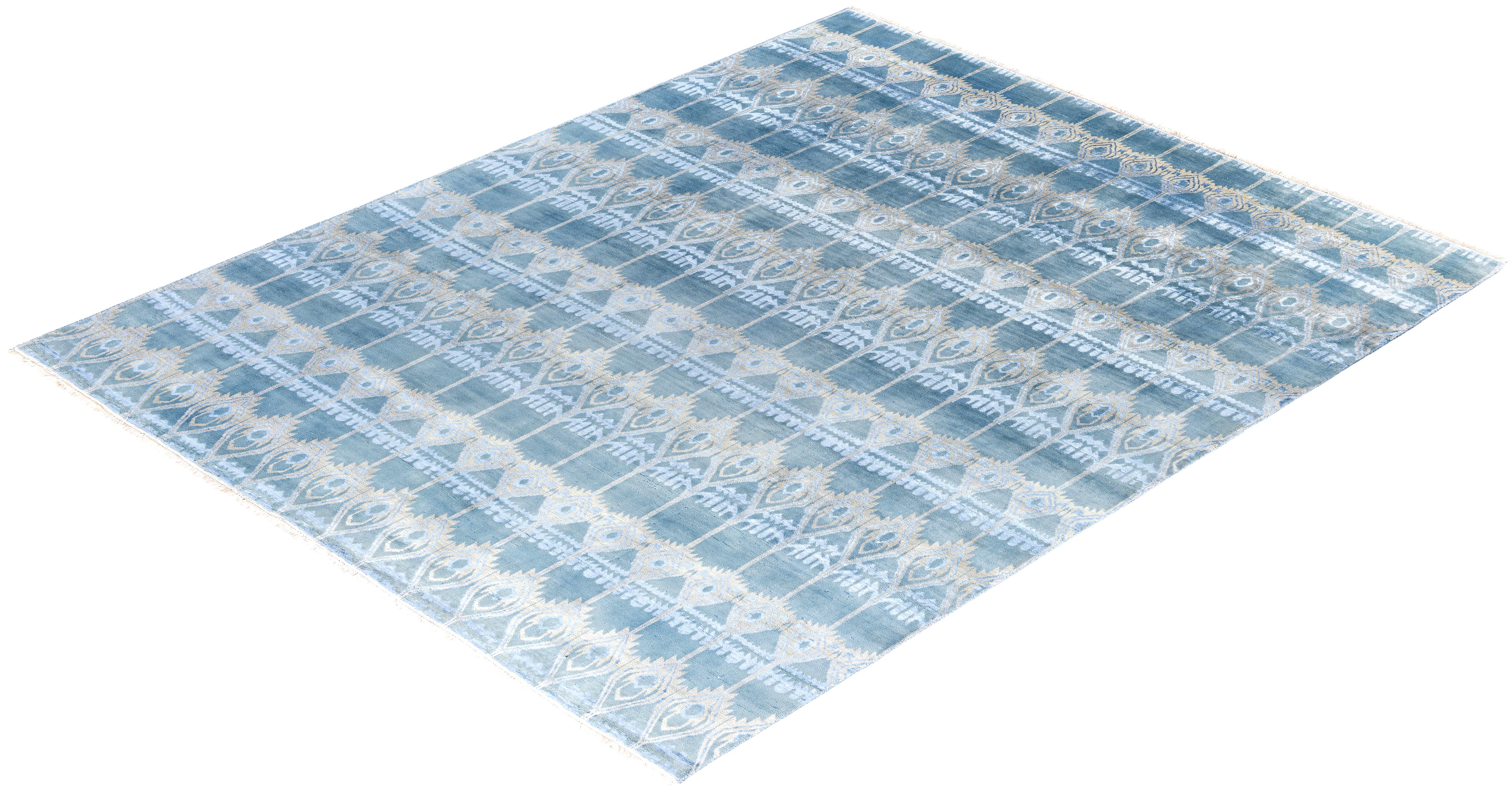 Traditional Ikat Hand Knotted Floral Silk & Wool Blue Area Rug 8' 1