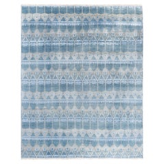Tapis traditionnel Ikat bleu en soie et laine à motifs floraux noués à la main 8' 1" x 10' 3"