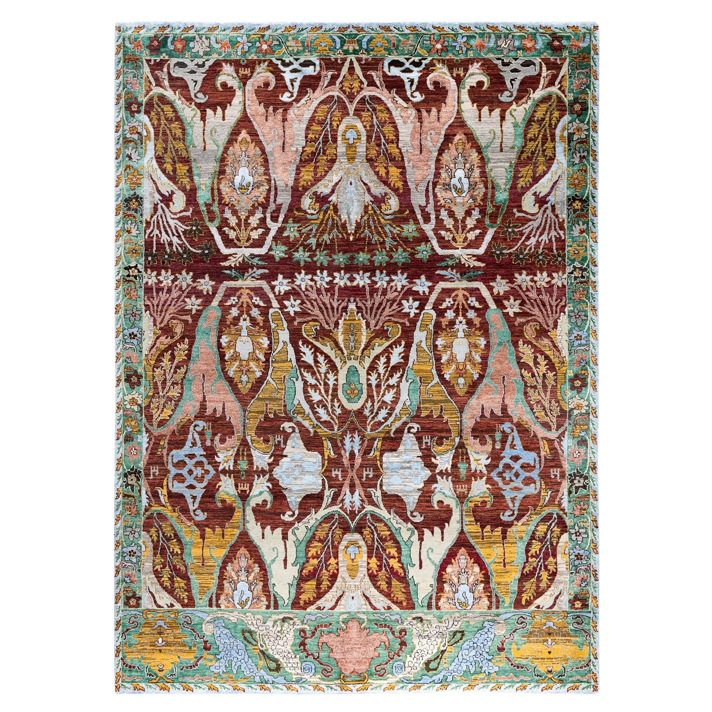 Traditional Ikat Hand Knots Rugs floreale in seta e lana Blu 9' 1" x 12' 4" in vendita