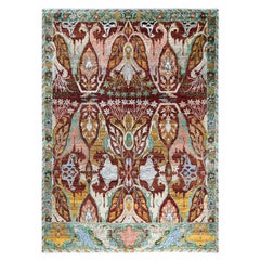 Traditioneller handgeknüpfter, geblümter Ikat-Teppich aus Seide und Wolle in Blau 9' 1" x 12' 4"