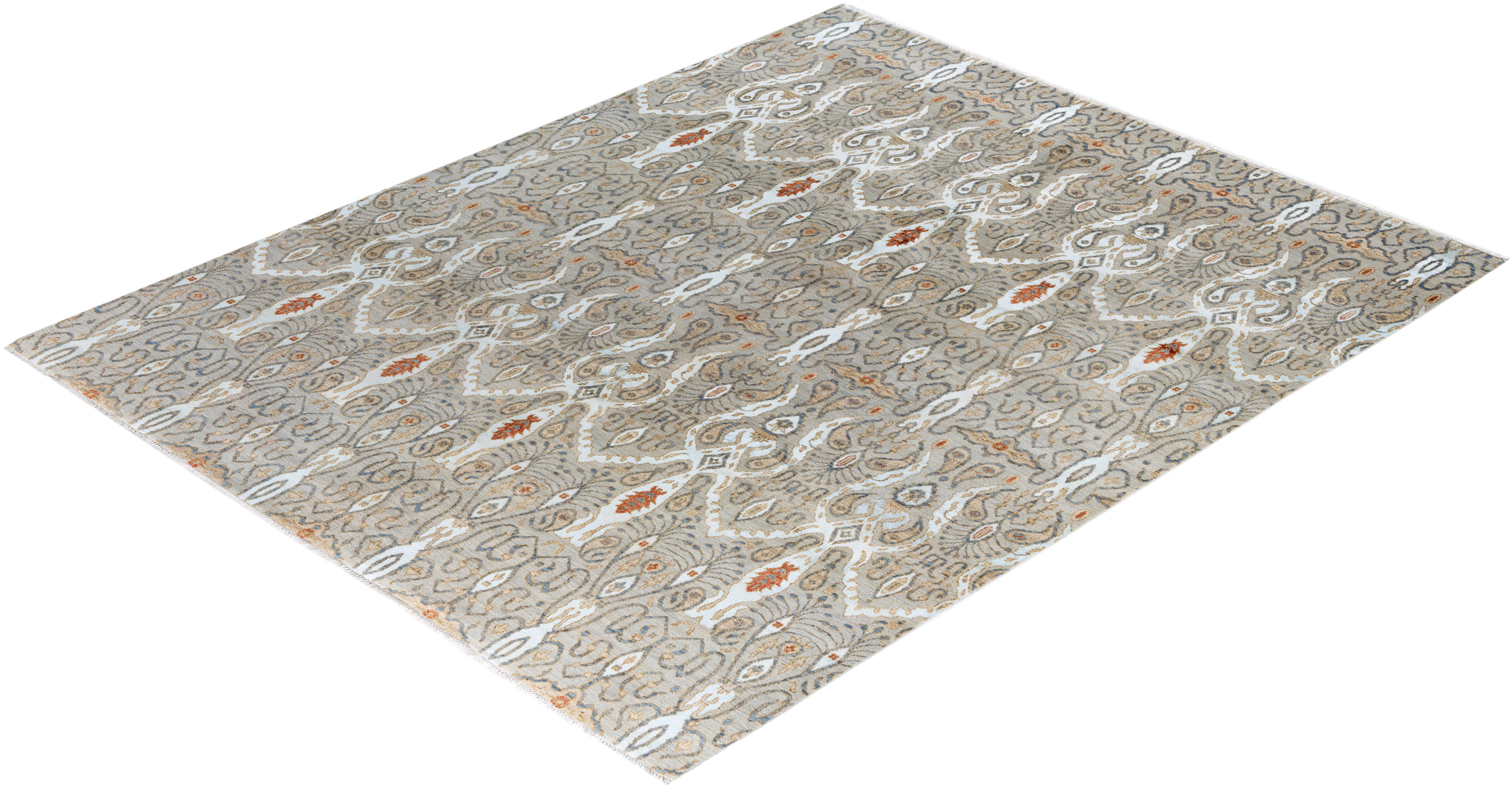 Traditional Ikat Hand Knotted Floral Silk & Wool Brown Area Rug 8' 1