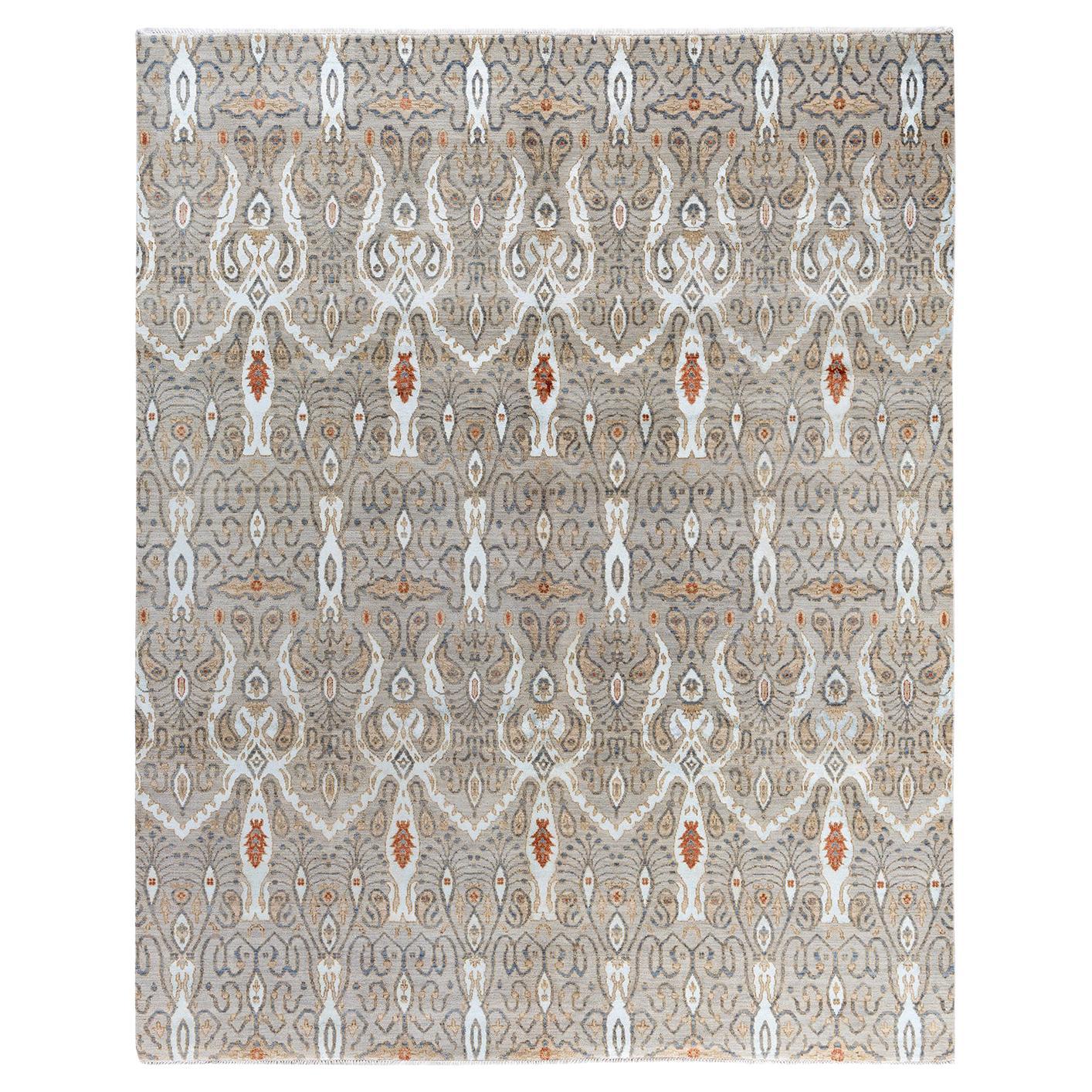 Traditional Ikat Hand Knotted Floral Silk & Wool Brown Area Rug 8' 1" x 10' 2" For Sale