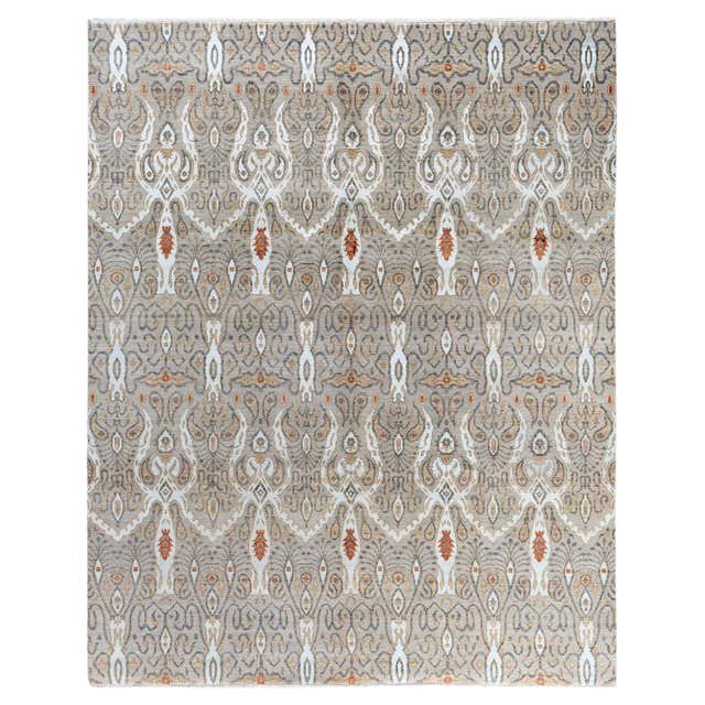Rust Burnt Orange and Silver Silk Hand-Knotted Ikat Rug For Sale at 1stDibs