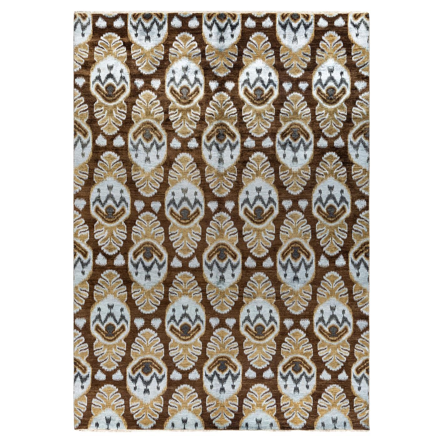 Traditional Ikat Hand Knotted Floral Silk & Wool Brown Area Rug 8' 10" x 12' 4"