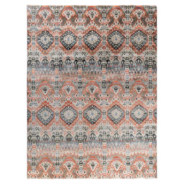 Rust Burnt Orange and Silver Silk Hand-Knotted Ikat Rug For Sale at 1stDibs