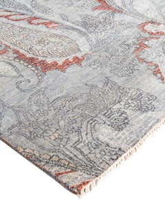Traditional Ikat Hand Knotted Floral Silk & Wool Gray Area Rug 7' 10" x 9' 10"