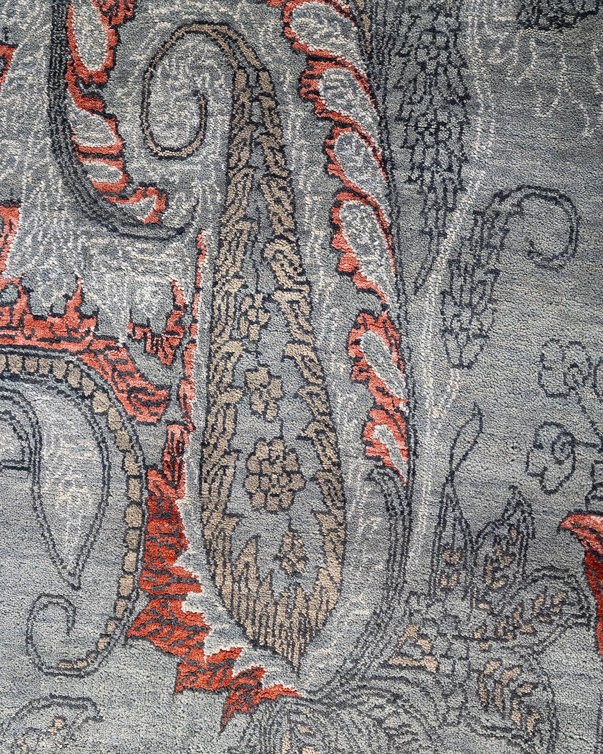Indien Tapis traditionnel Ikat gris en soie et laine à fleurs nouées à la main 7' 10