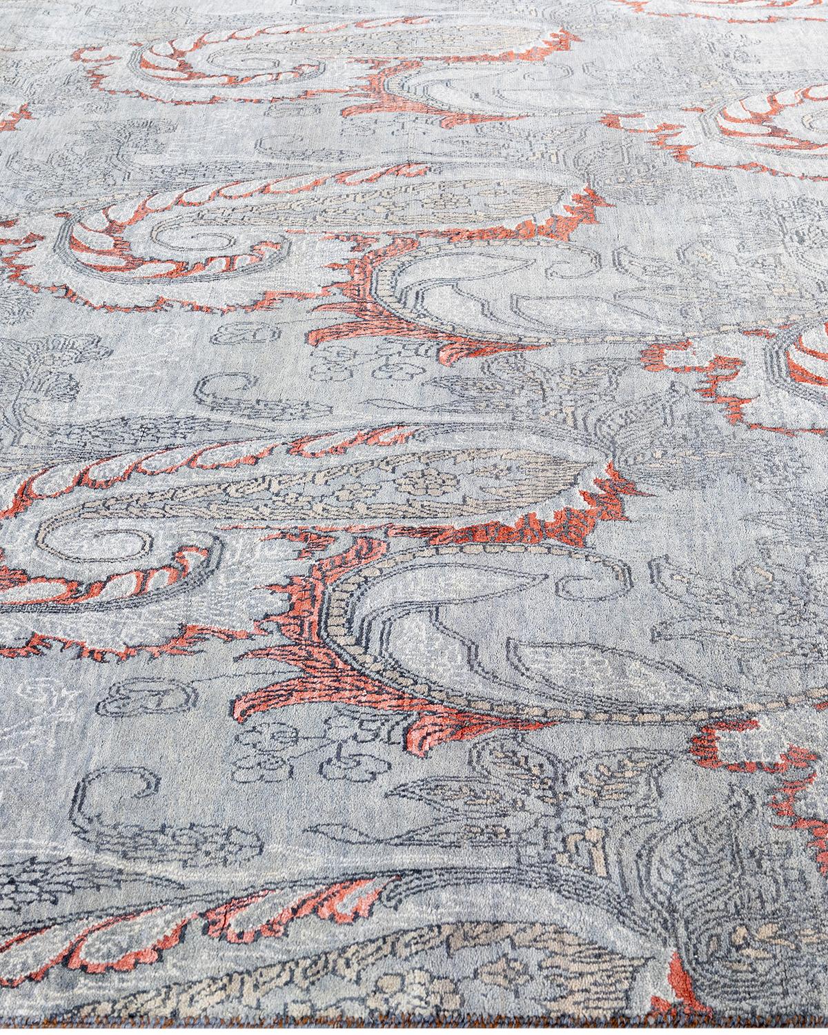 Noué à la main Tapis traditionnel Ikat gris en soie et laine à fleurs nouées à la main 7' 10