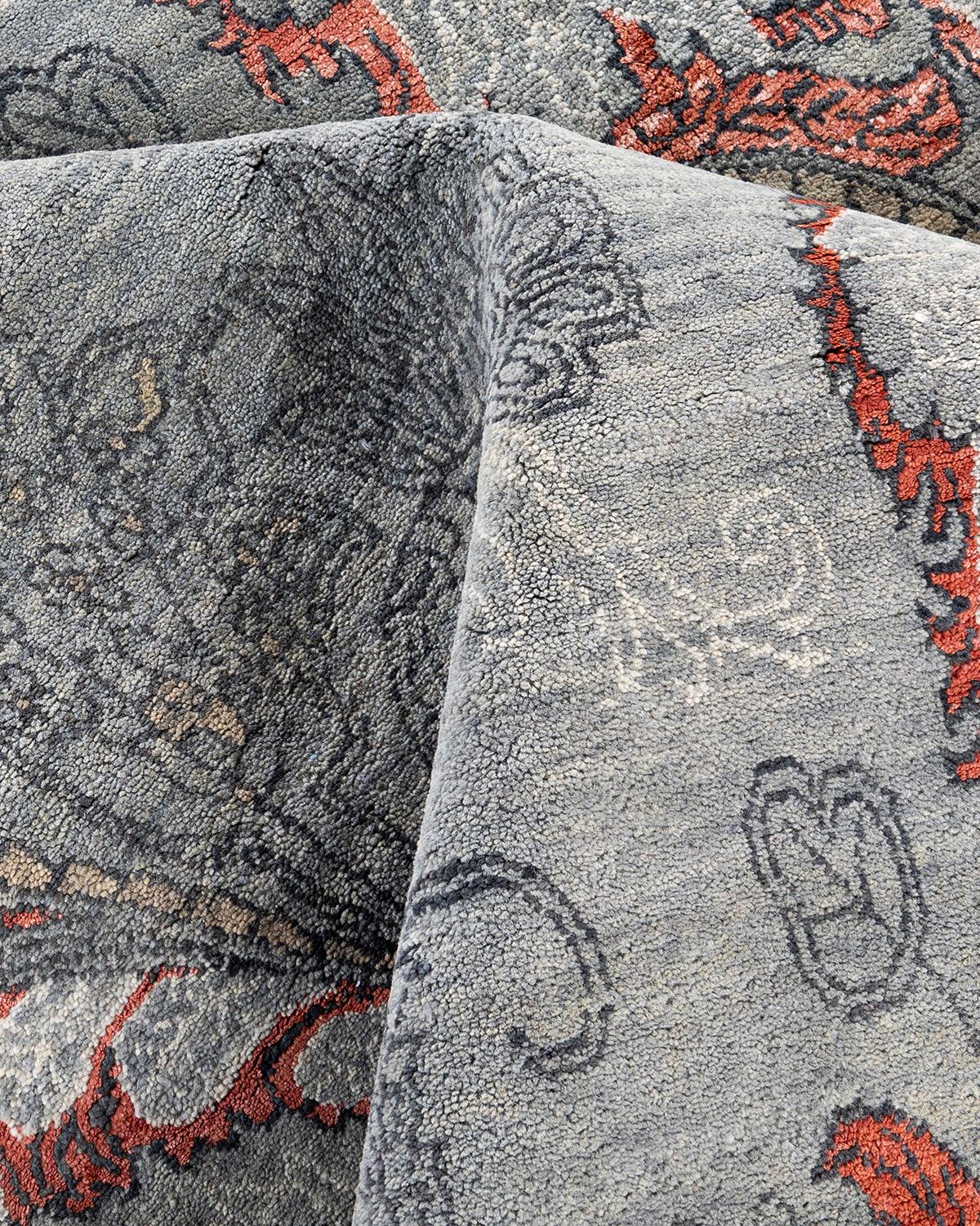 Laine Tapis traditionnel Ikat gris en soie et laine à fleurs nouées à la main 7' 10