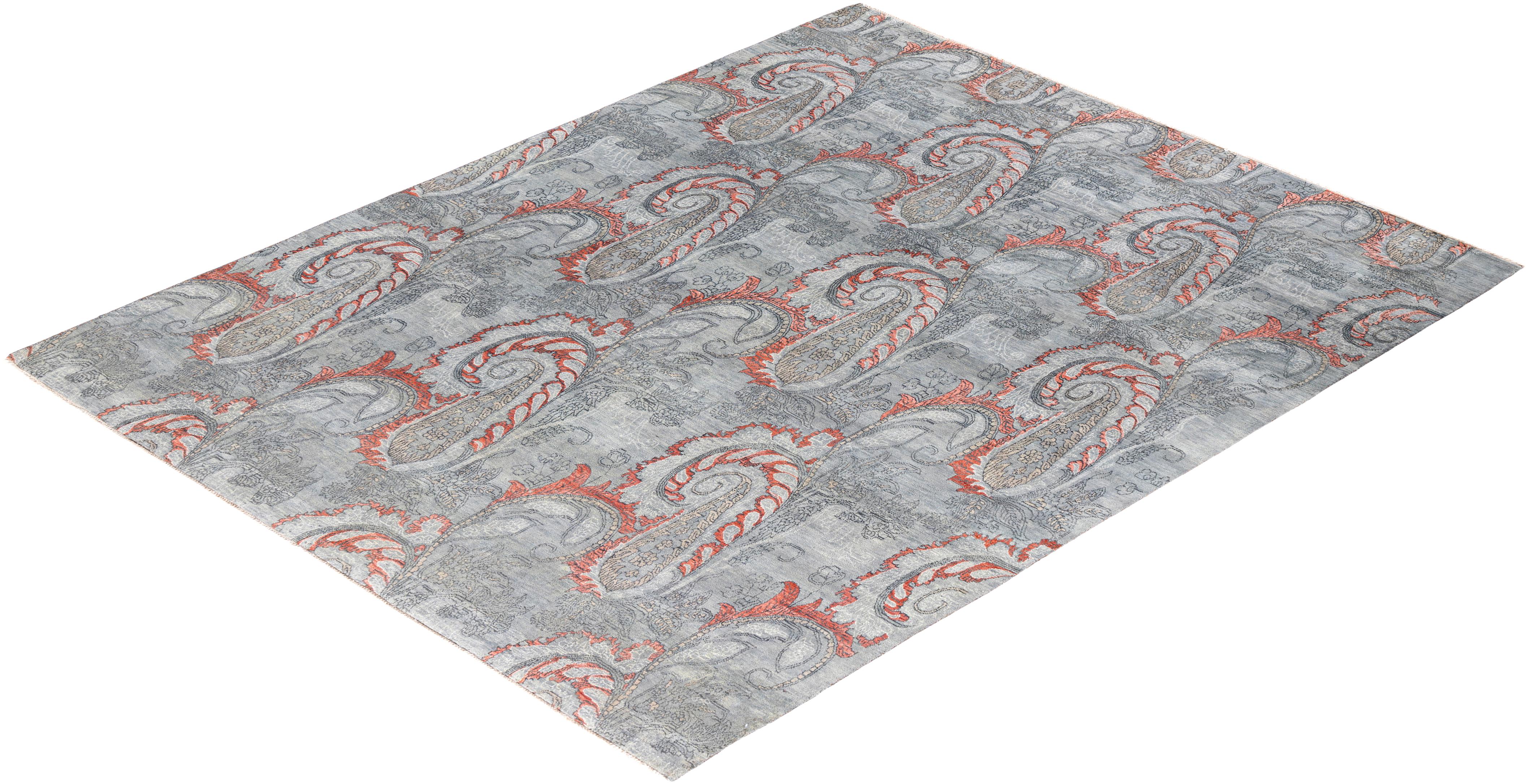 Tapis traditionnel Ikat gris en soie et laine à fleurs nouées à la main 7' 10
