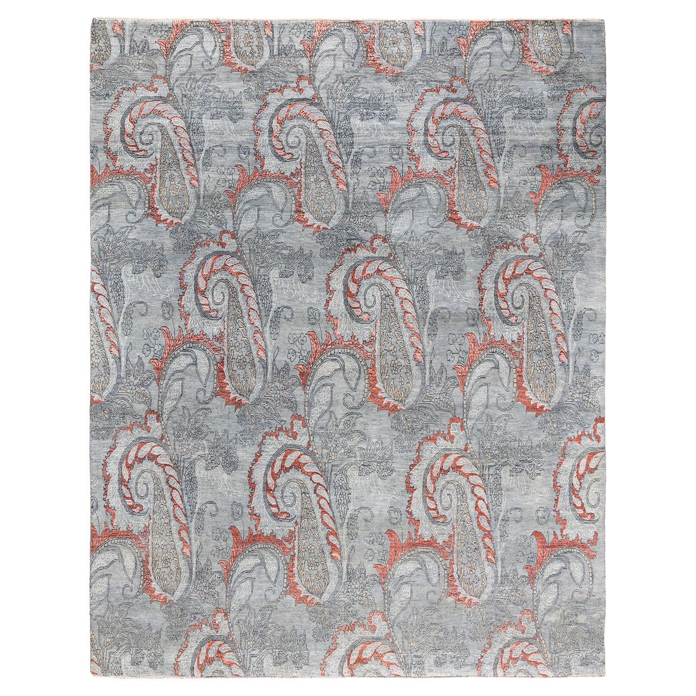 Tapis traditionnel Ikat gris en soie et laine à fleurs nouées à la main 7' 10" x 9' 10"