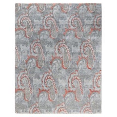 Tapis traditionnel Ikat gris en soie et laine à fleurs nouées à la main 7' 10" x 9' 10"