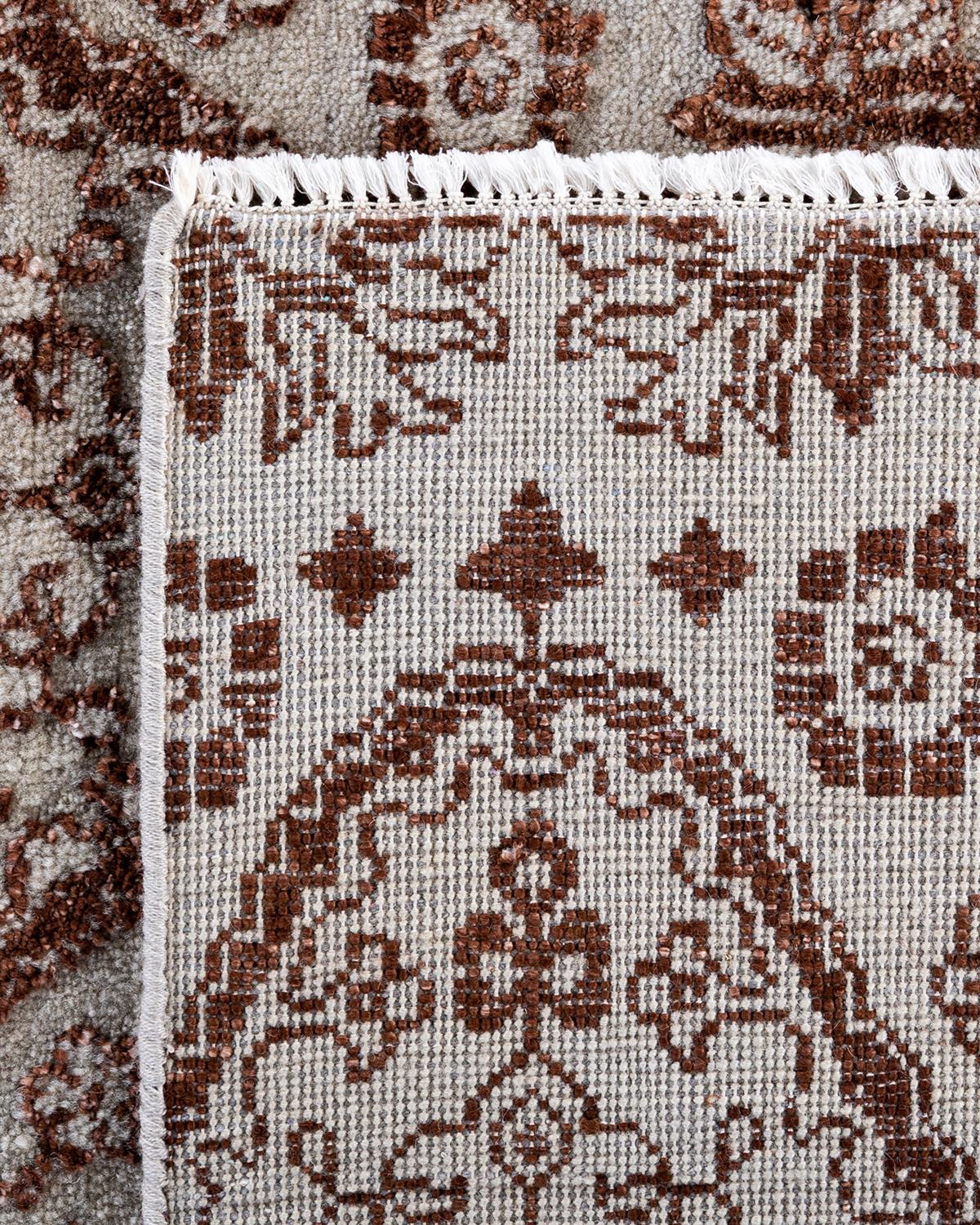 Tappeto tradizionale Ikat annodato a mano in seta e lana grigia 8' 0