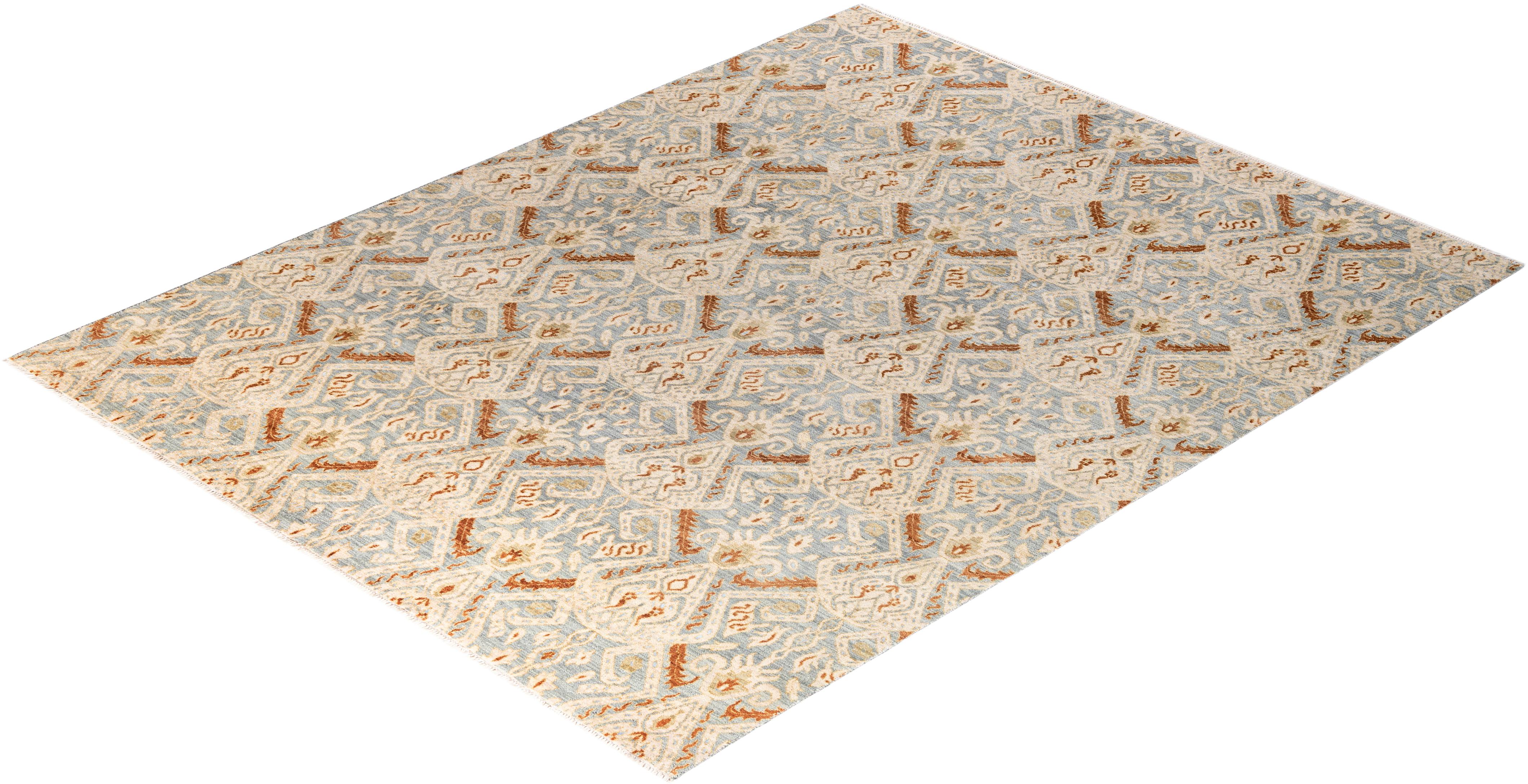 Traditioneller handgeknüpfter, geblümter Ikat-Teppich aus Seide und Wolle in Grau, 8' 0