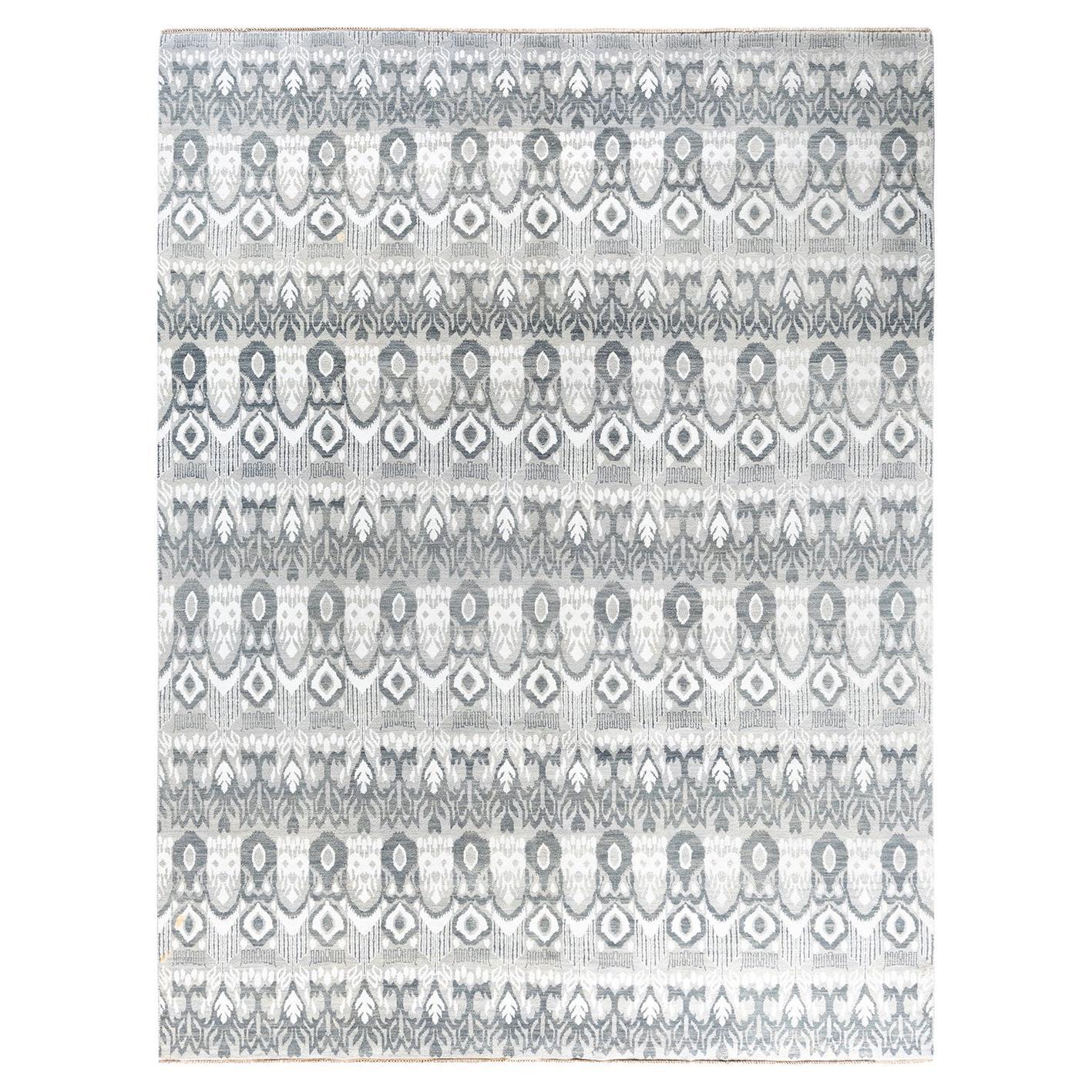 Traditional Ikat Hand Knotted Floral Silk & Wool Gray Area Rug 8' 0" x 10' 5"