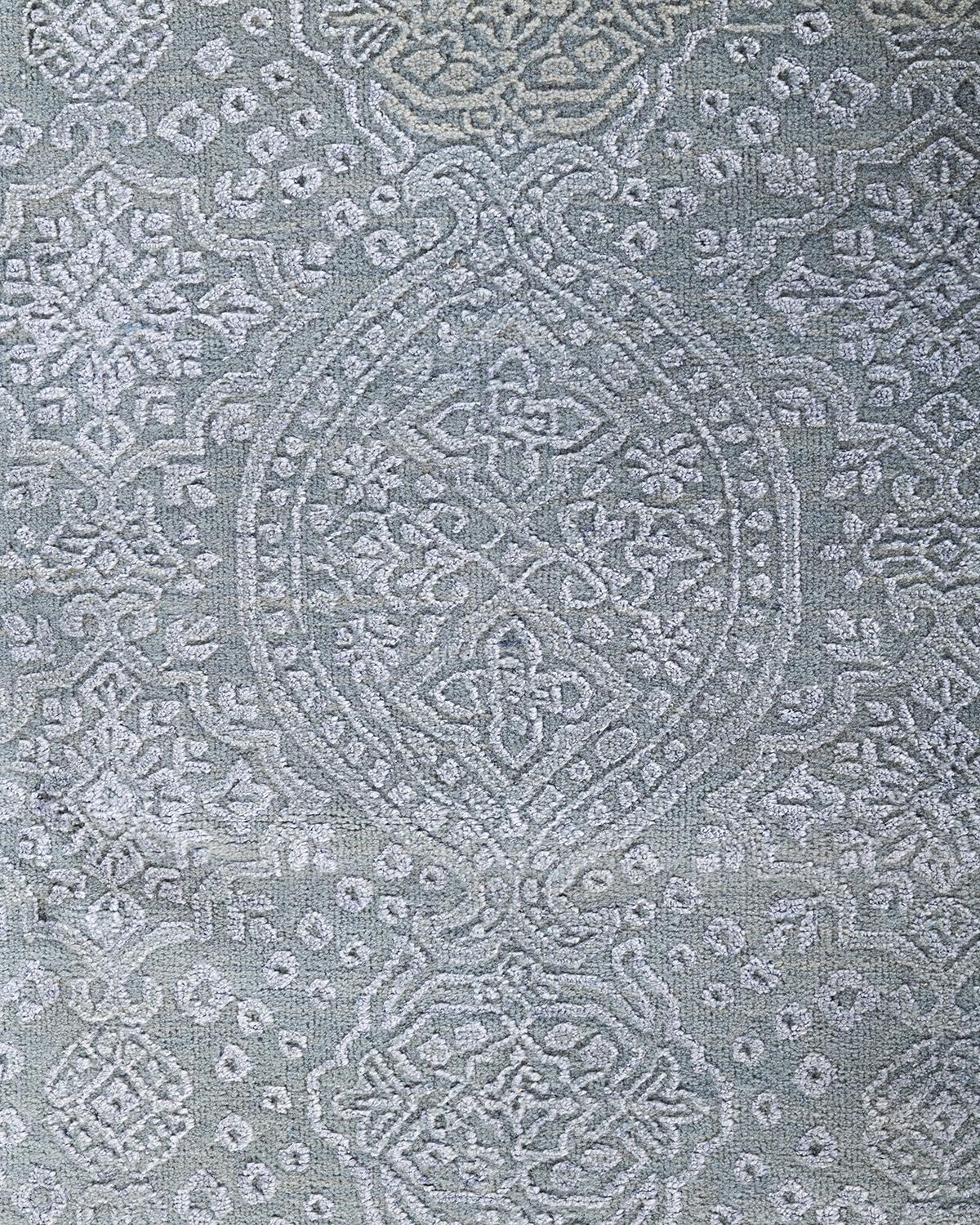 Indien Tapis traditionnel Ikat gris en soie et laine à motifs floraux noués à la main 8' 0
