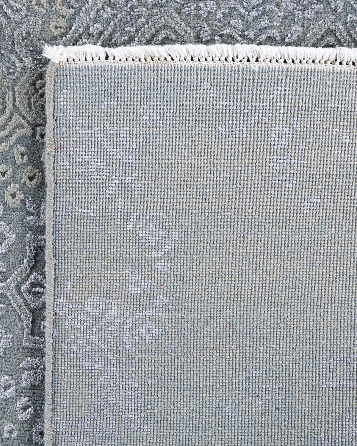 Tapis traditionnel Ikat gris en soie et laine à motifs floraux noués à la main 8' 0