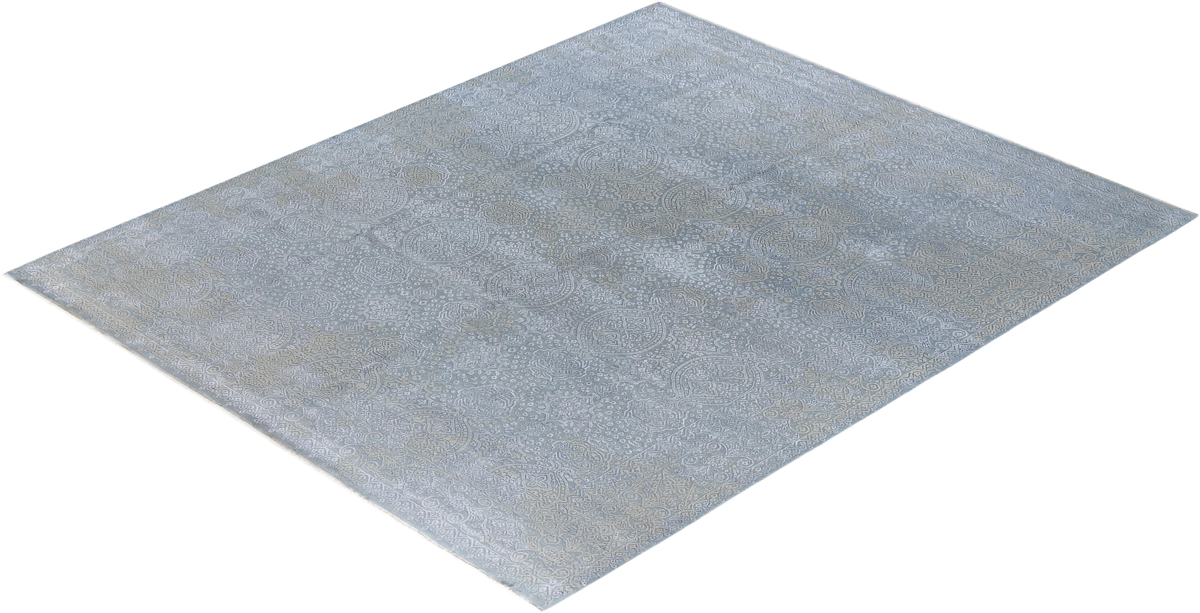 Tapis traditionnel Ikat gris en soie et laine à motifs floraux noués à la main 8' 0