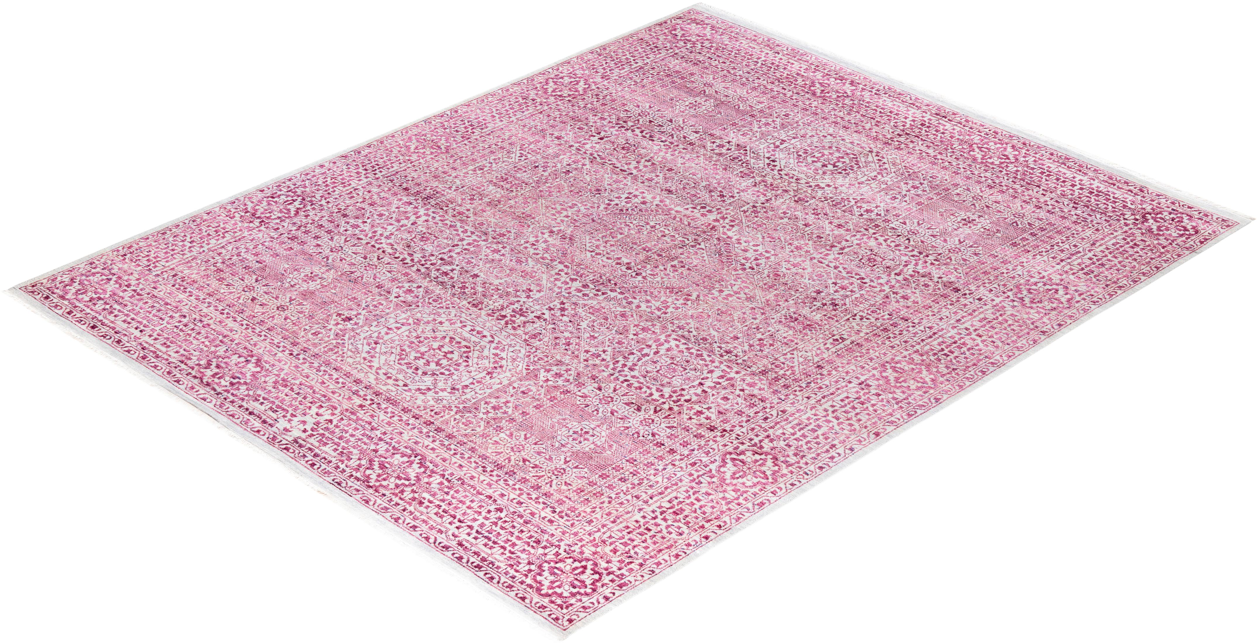 Traditional Ikat Hand Knotted Floral Silk & Wool Gray Area Rug 8' 1