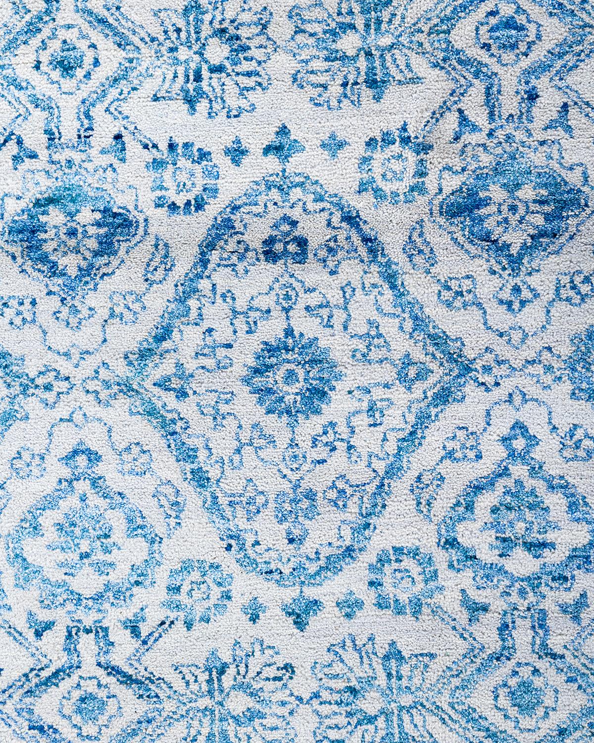 Indien Tapis traditionnel Ikat gris en soie et laine à motifs floraux noués à la main 8' 1