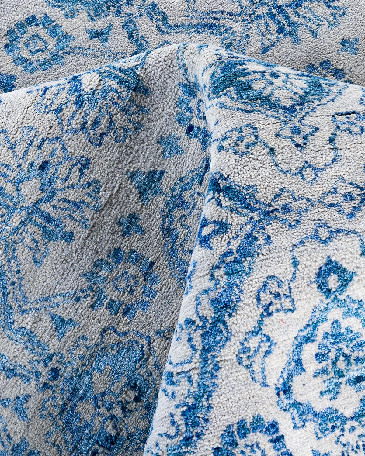 Laine Tapis traditionnel Ikat gris en soie et laine à motifs floraux noués à la main 8' 1