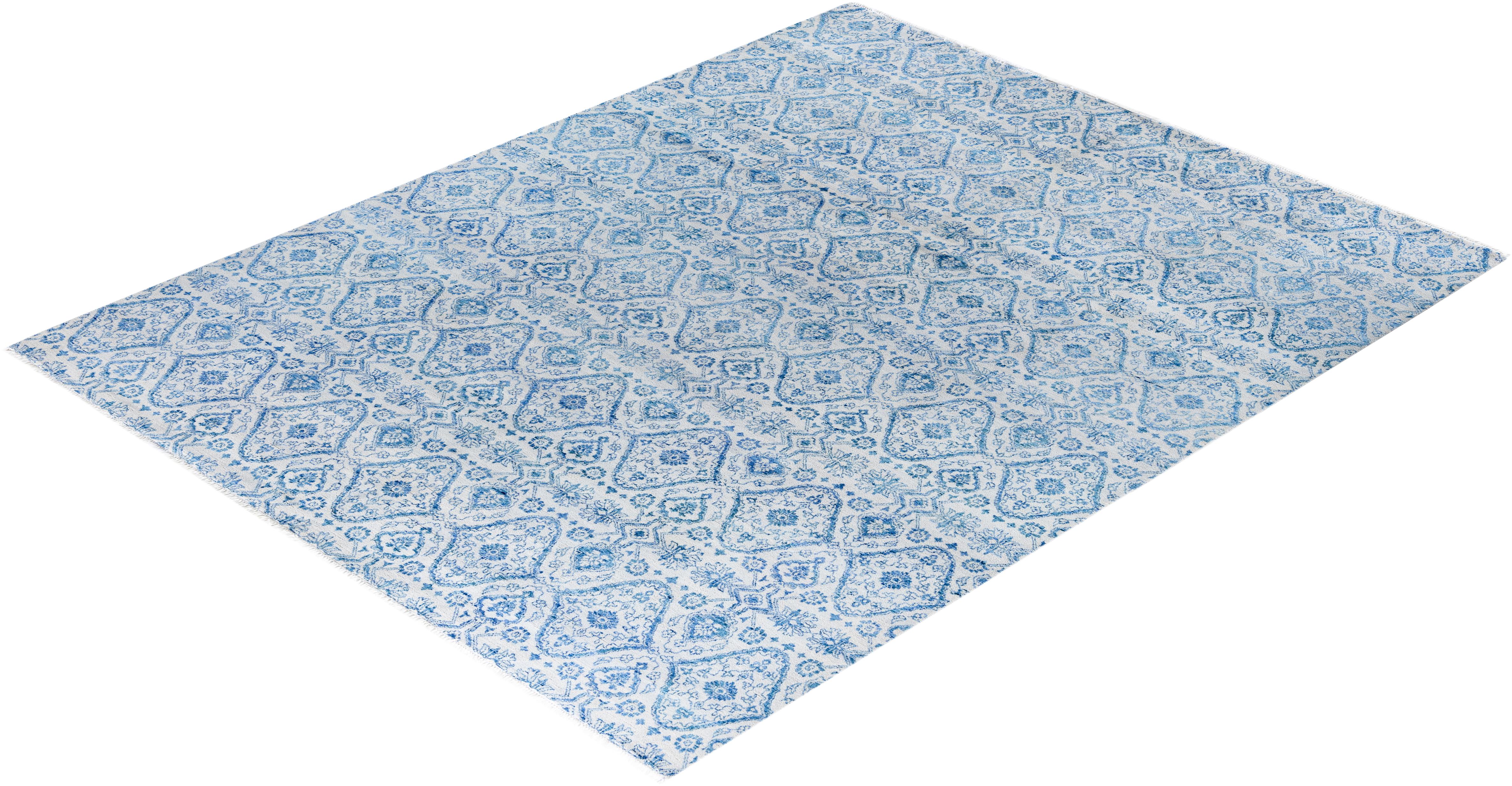 Tapis traditionnel Ikat gris en soie et laine à motifs floraux noués à la main 8' 1