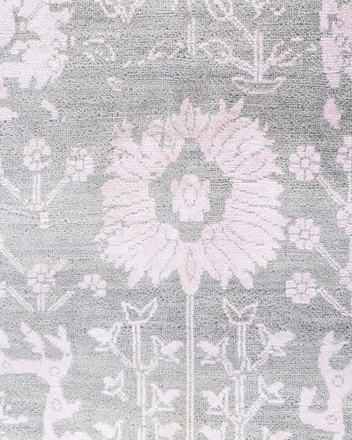 Alfombra Ikat Tradicional de Seda y Lana Floral Anudada a Mano Gris 8' 1