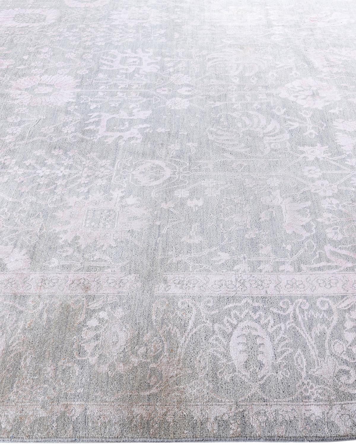 Alfombra Ikat Tradicional de Seda y Lana Floral Anudada a Mano Gris 8' 1
