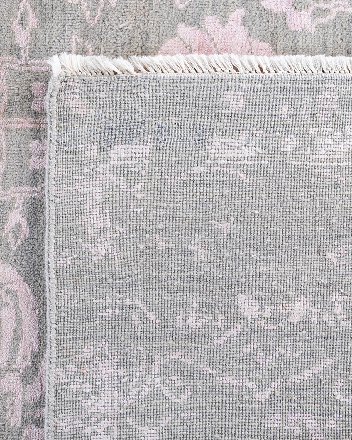 Alfombra Ikat Tradicional de Seda y Lana Floral Anudada a Mano Gris 8' 1