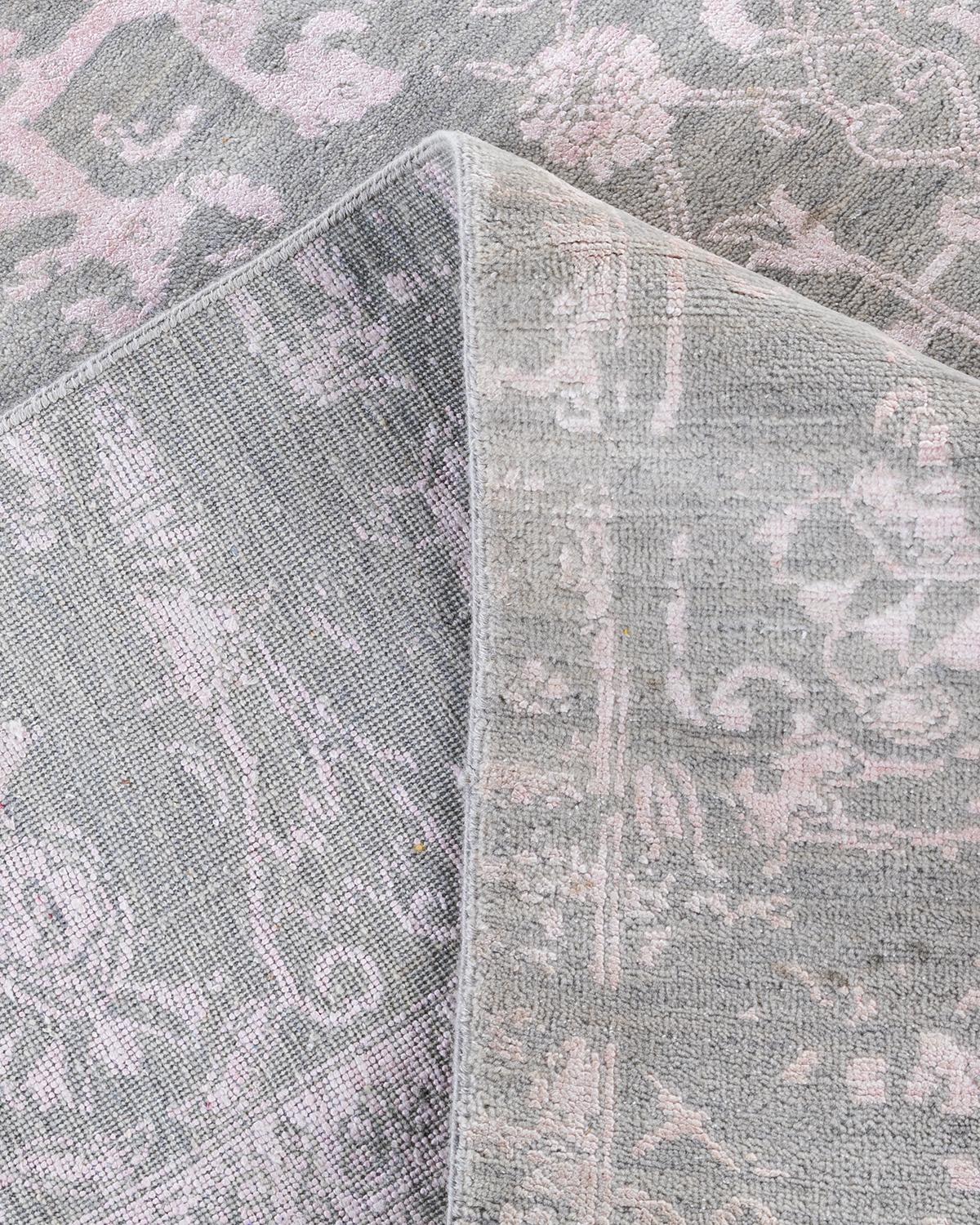 Alfombra Ikat Tradicional de Seda y Lana Floral Anudada a Mano Gris 8' 1