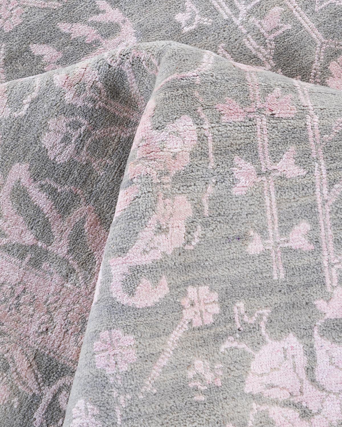 Alfombra Ikat Tradicional de Seda y Lana Floral Anudada a Mano Gris 8' 1