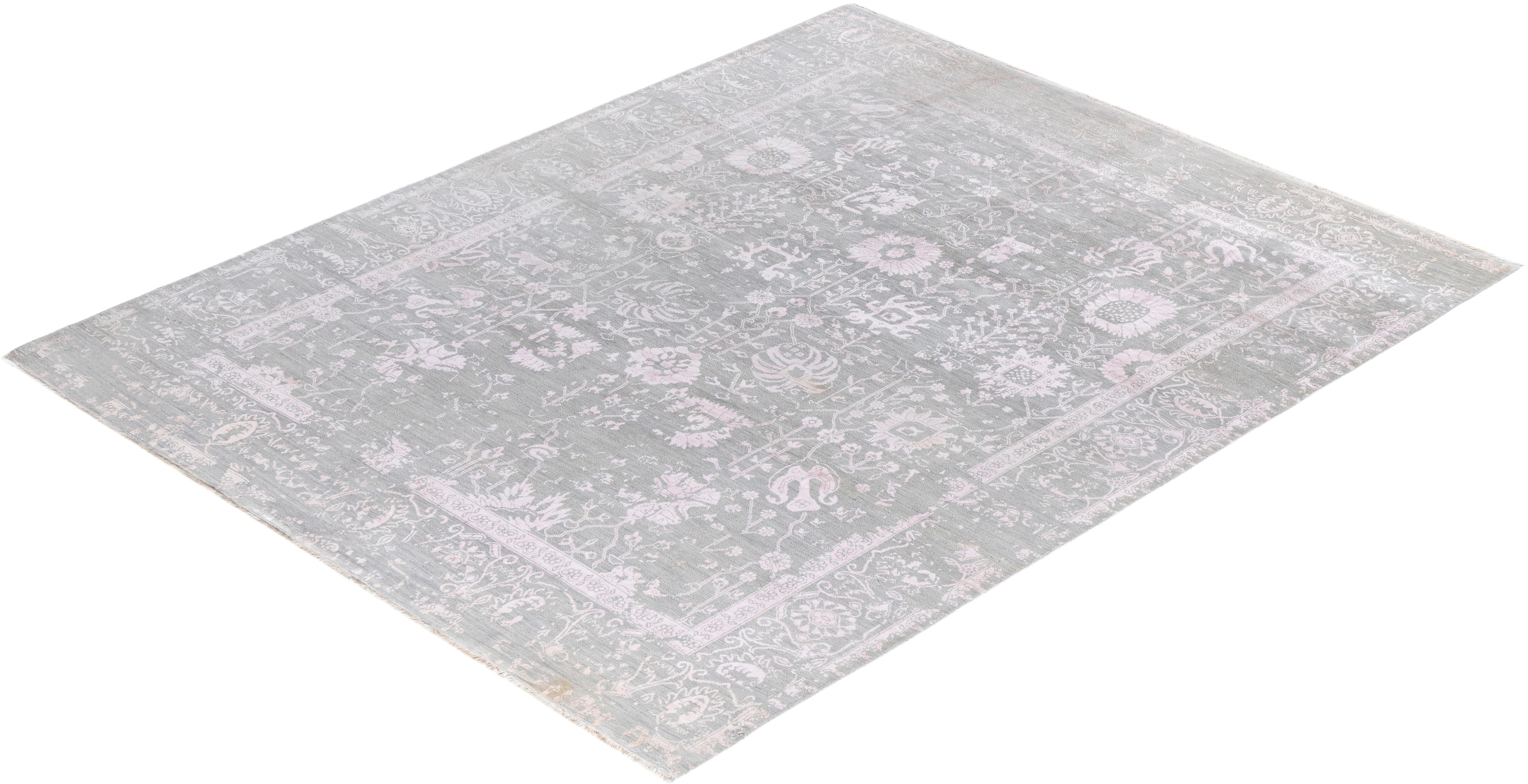 Alfombra Ikat Tradicional de Seda y Lana Floral Anudada a Mano Gris 8' 1