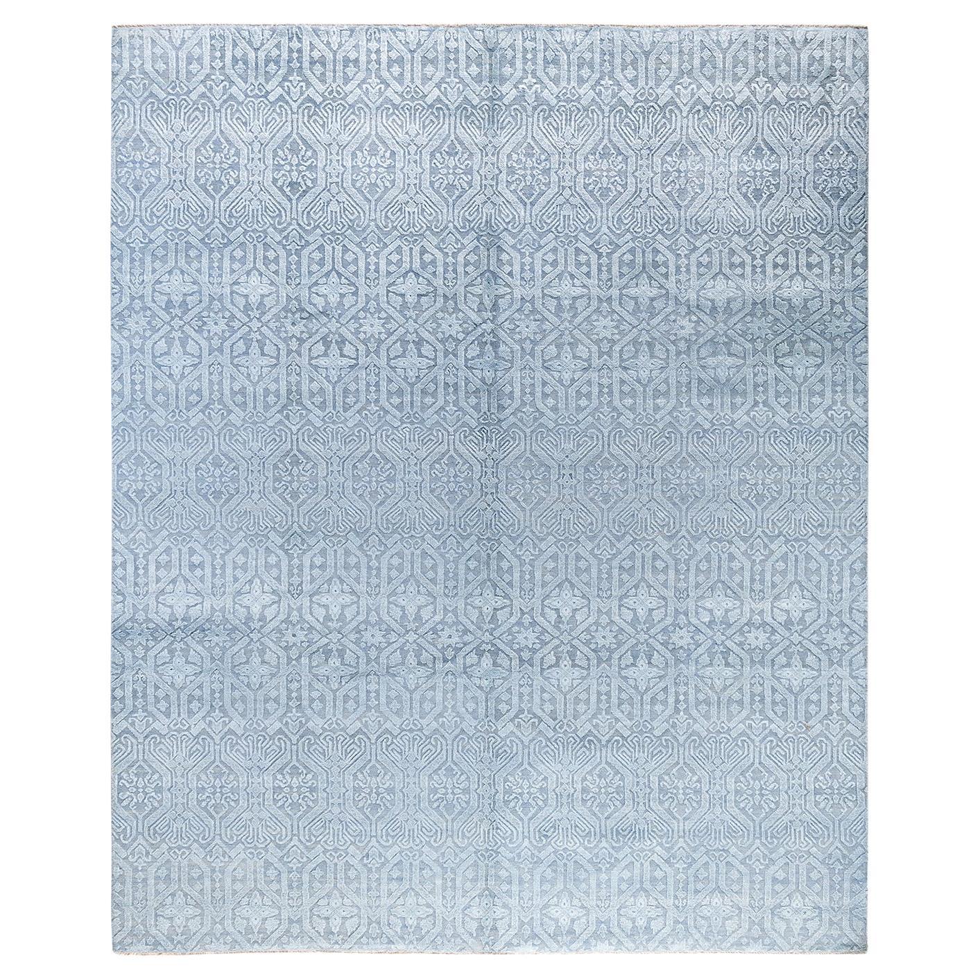 Traditional Ikat Hand Knotted Floral Silk & Wool Gray Area Rug 8' 1" x 10'
