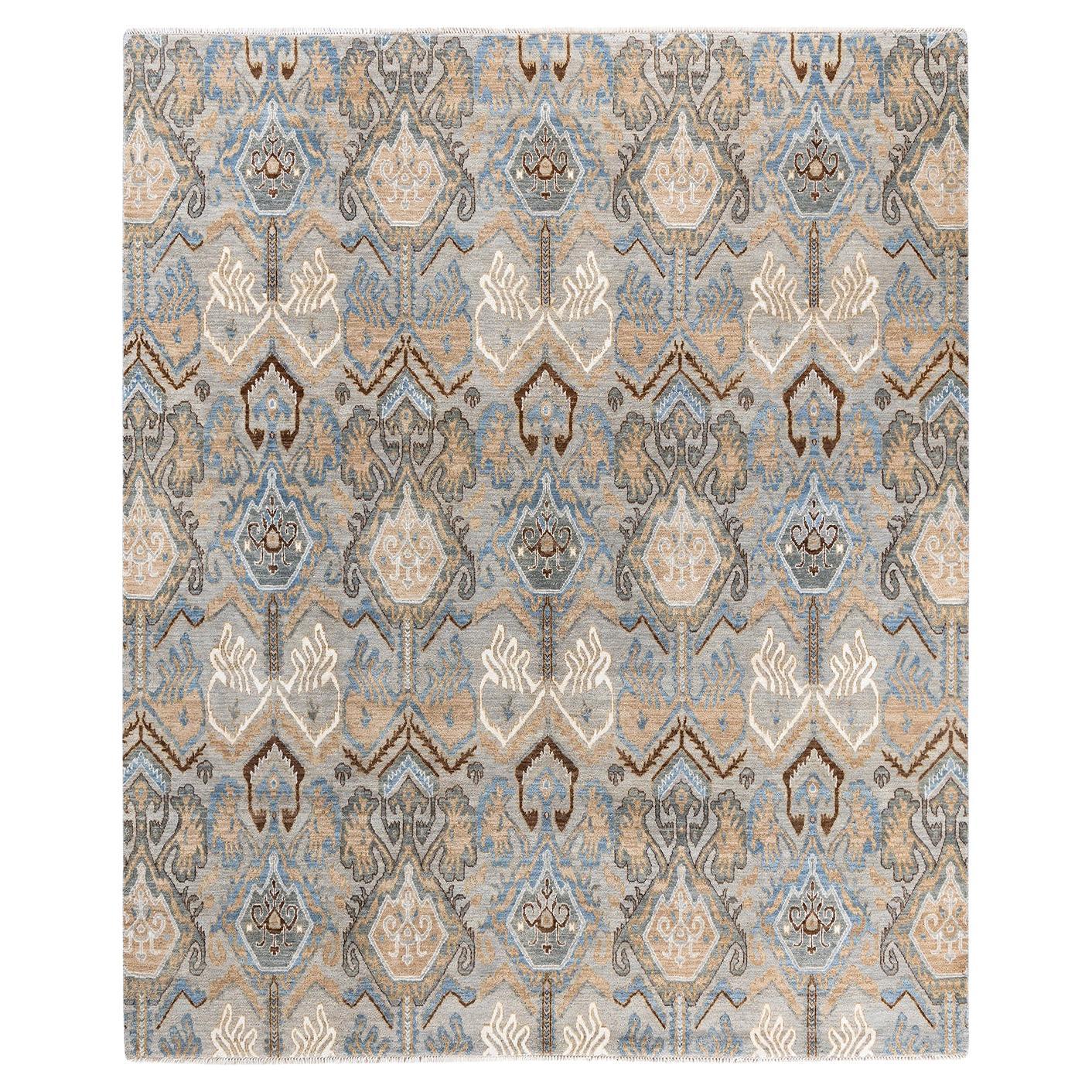 Traditioneller handgeknüpfter, geblümter Ikat-Teppich aus Seide und Wolle in Grau, 8' 1" x 8' 4"