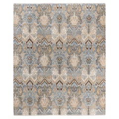 Traditioneller handgeknüpfter, geblümter Ikat-Teppich aus Seide und Wolle in Grau, 8' 1" x 8' 4"