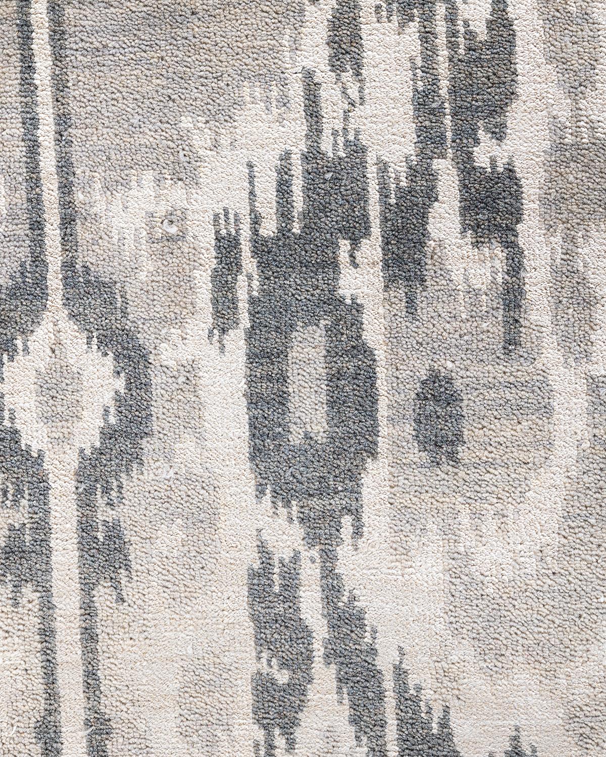Indien Tapis traditionnel Ikat gris en soie et laine à motifs floraux noués à la main 8' 10