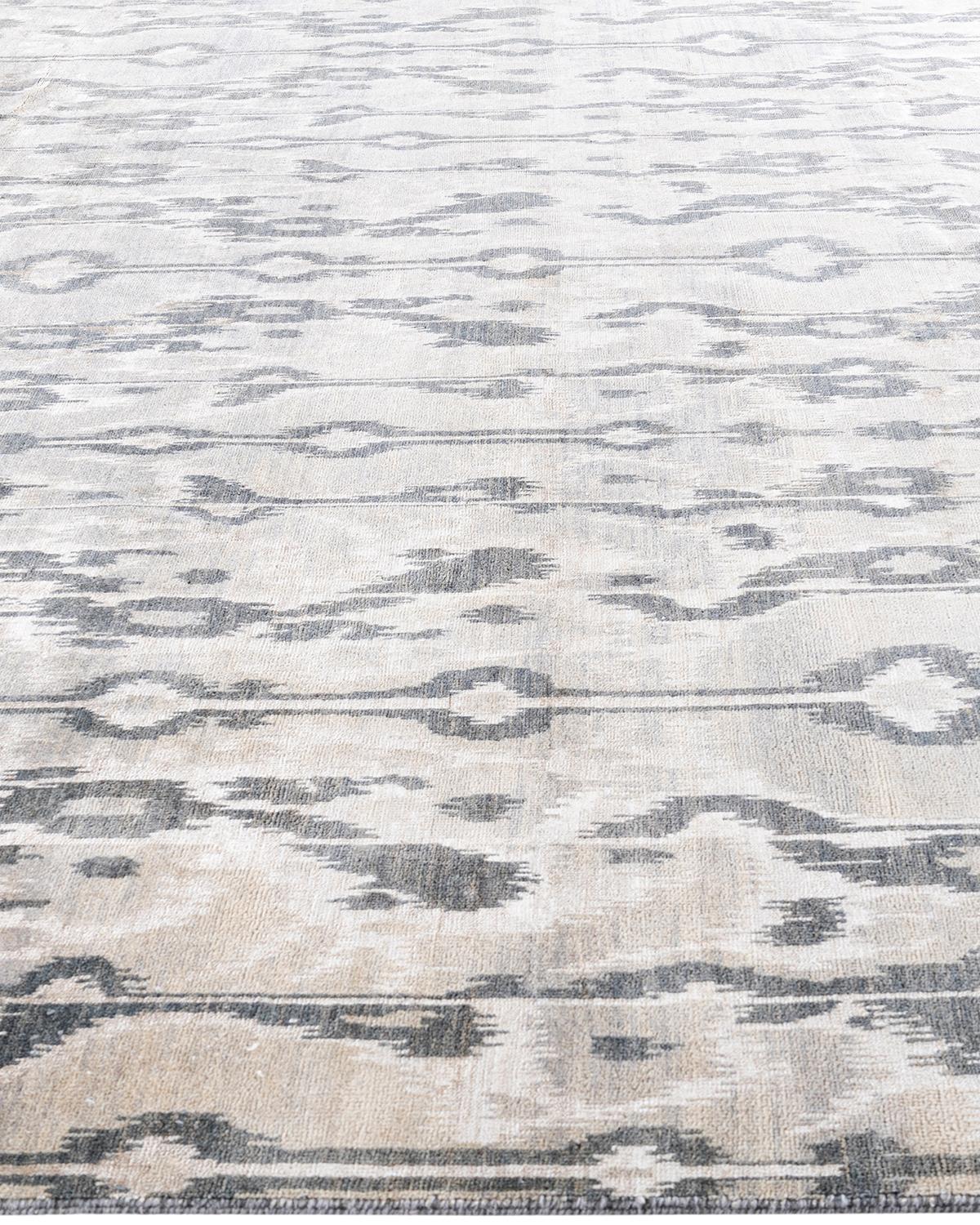 Noué à la main Tapis traditionnel Ikat gris en soie et laine à motifs floraux noués à la main 8' 10