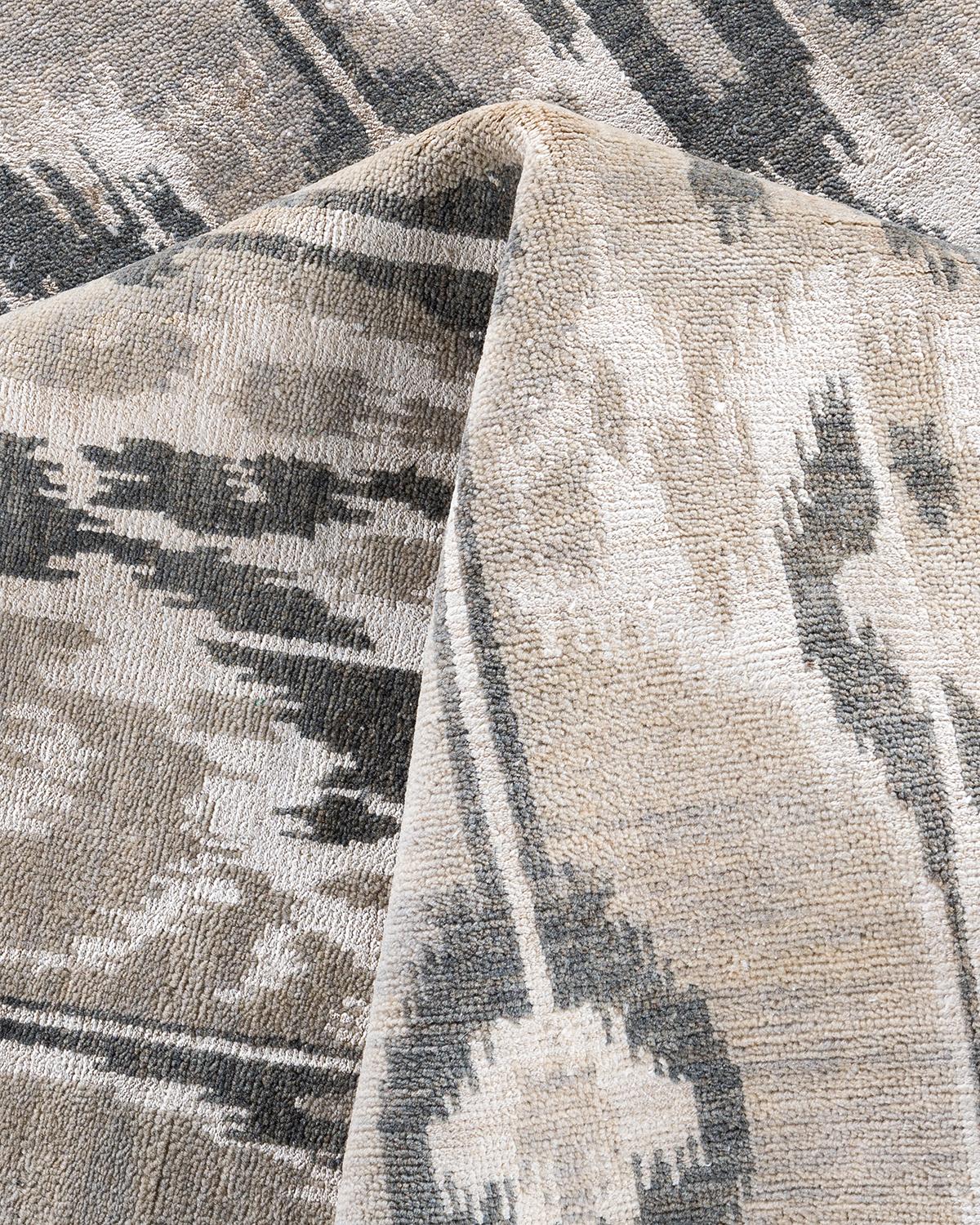 Laine Tapis traditionnel Ikat gris en soie et laine à motifs floraux noués à la main 8' 10