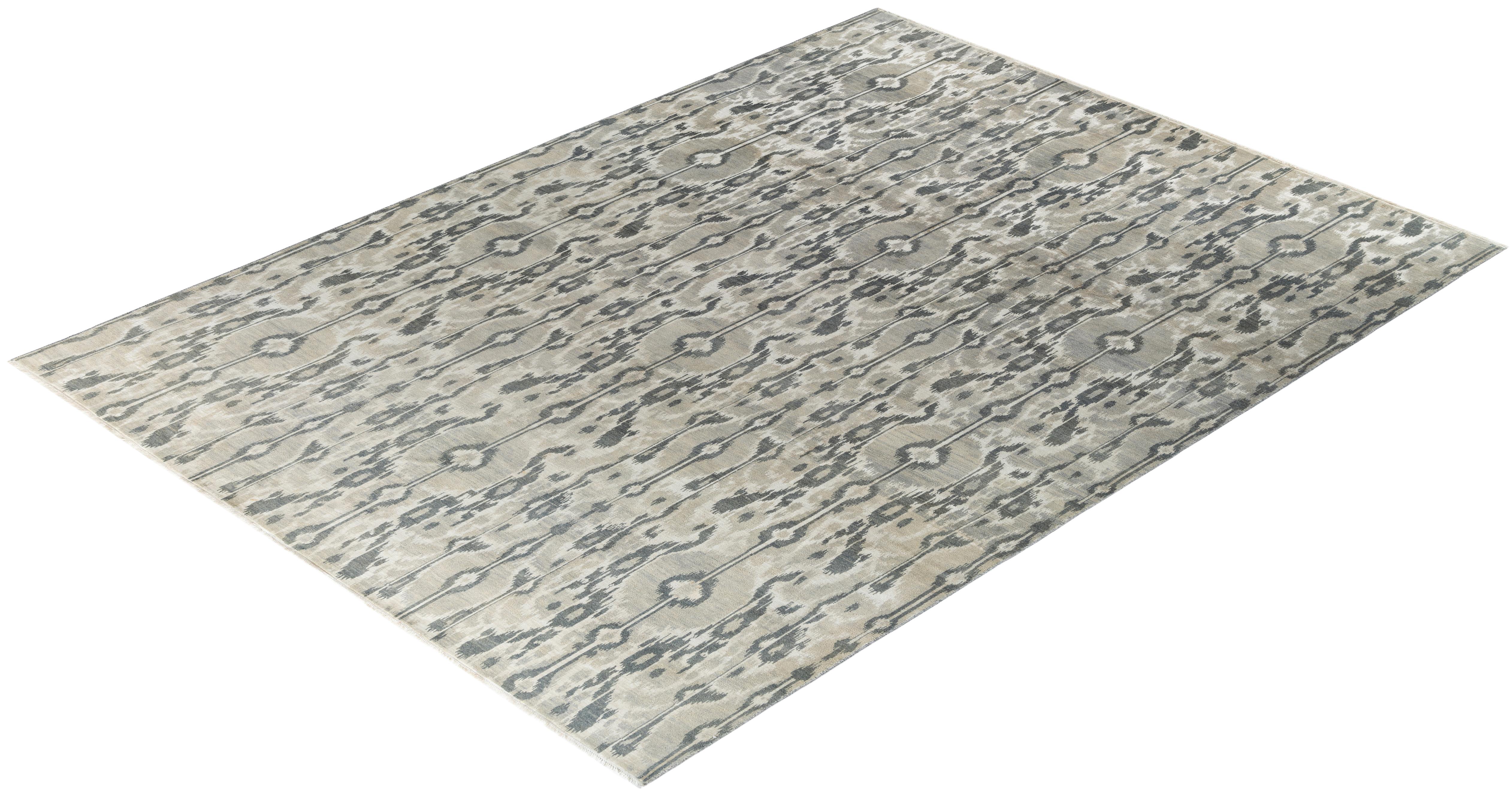 Tapis traditionnel Ikat gris en soie et laine à motifs floraux noués à la main 8' 10