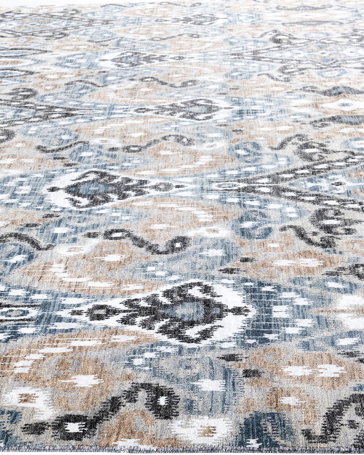Traditioneller handgeknüpfter, geblümter Ikat-Teppich aus Seide und Wolle in Grau, 8' 10