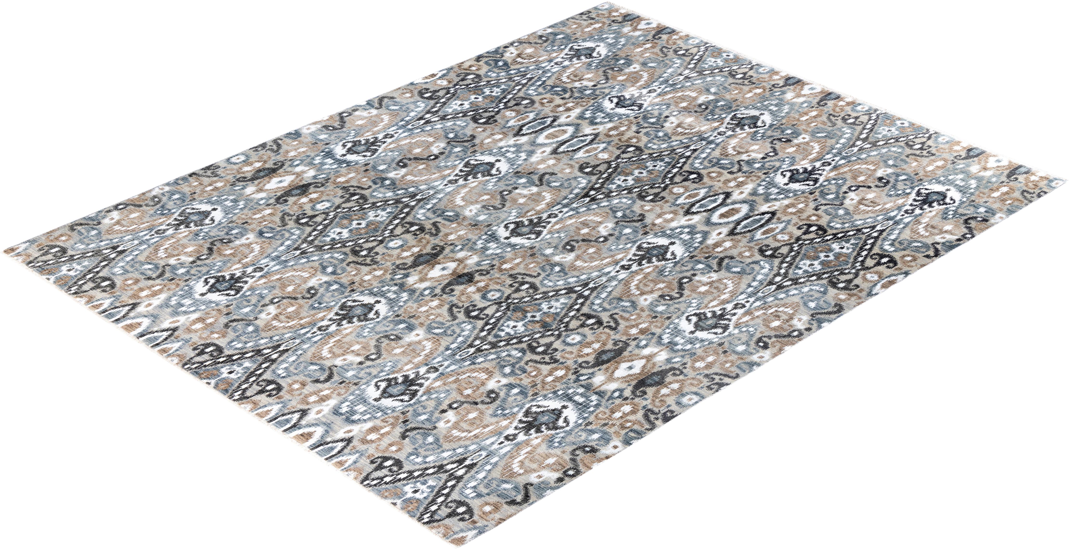 Traditioneller handgeknüpfter, geblümter Ikat-Teppich aus Seide und Wolle in Grau, 8' 10